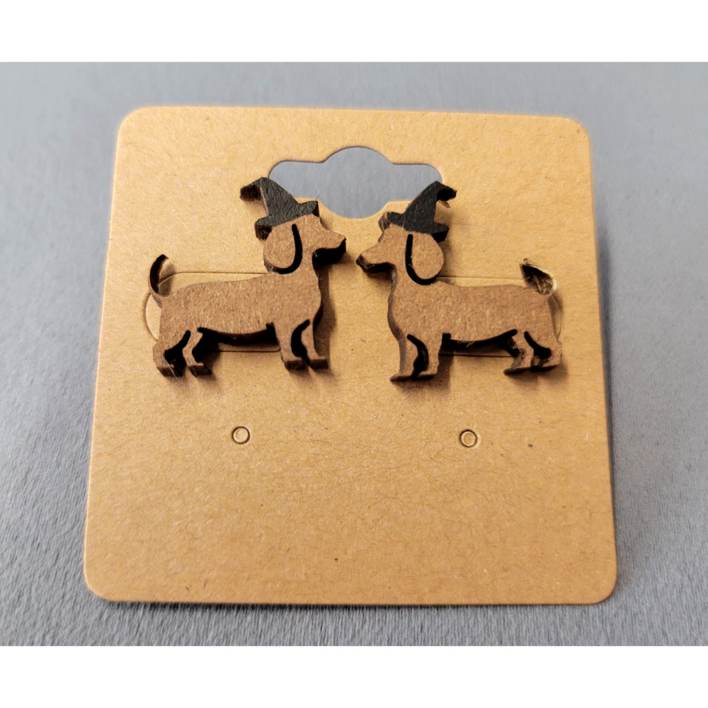 Halloween Wooden Studs Earrings Dachshund Dog Witch Hat Painted Brown Black New